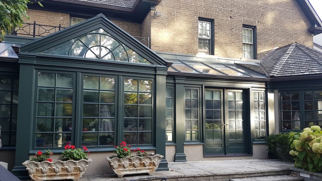 Exterior sunroom painted with Farrow & Ball